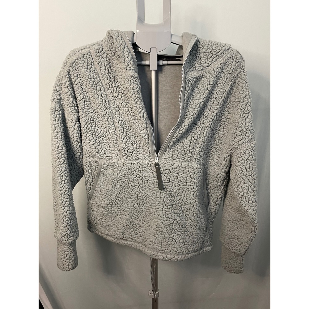 prAna Women's XS Gray Fuzzy Fleece Sherpa Pullover Hoodie Quarter Zip‎
